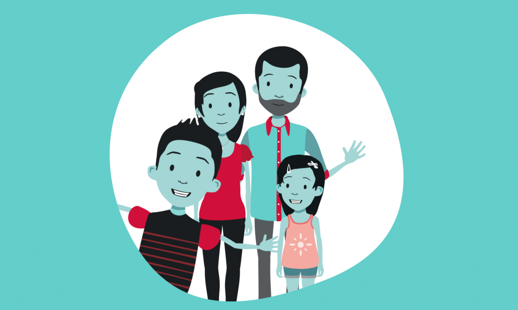 Illustration of the animation characters Jake, his sister Lily, and their mum and dad from an animation to help children understand what its like to have a sibling with a brain tumour.