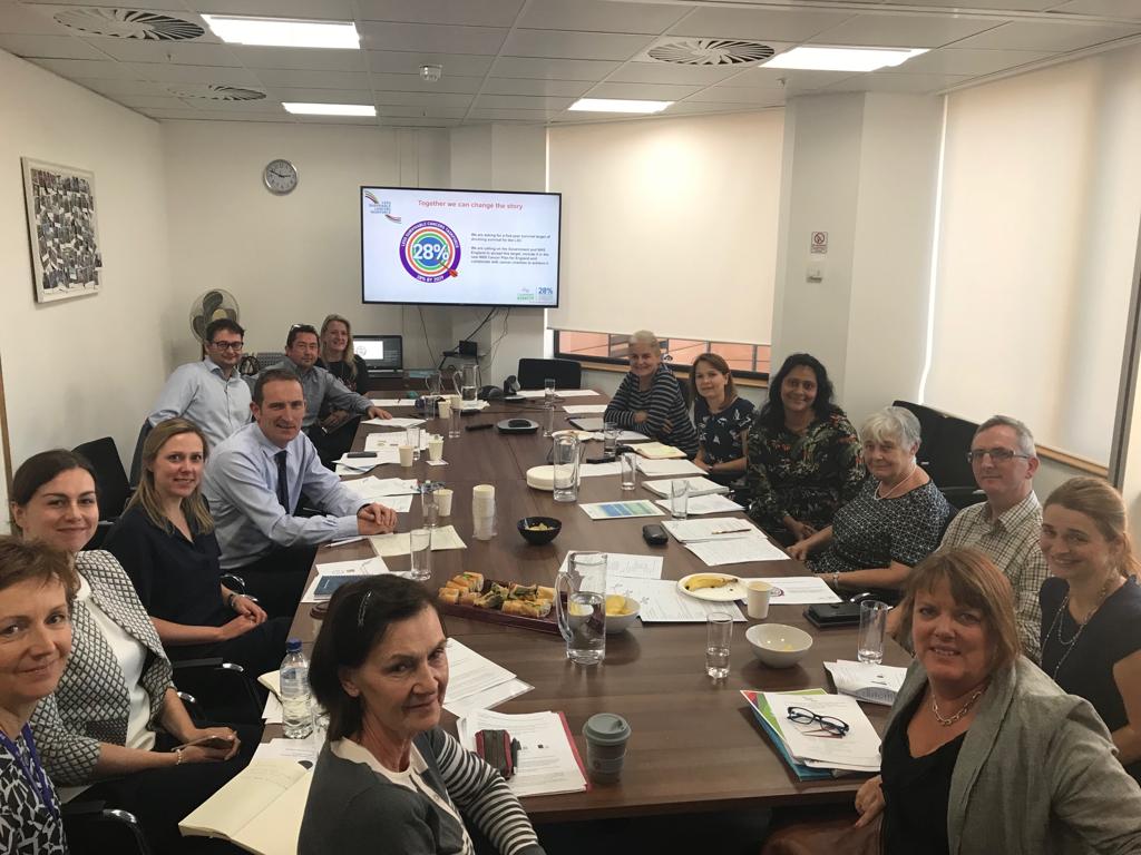 A photo taken at a meeting of the Less Survivable Cancers taskforce. A bunch of people are sat around a table strategising how to close the deadly cancer gap.