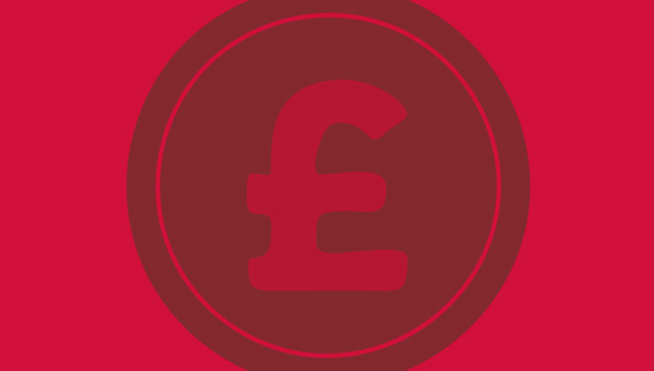 A red pound sign on a red background, representing the financial impact of a brain tumour.