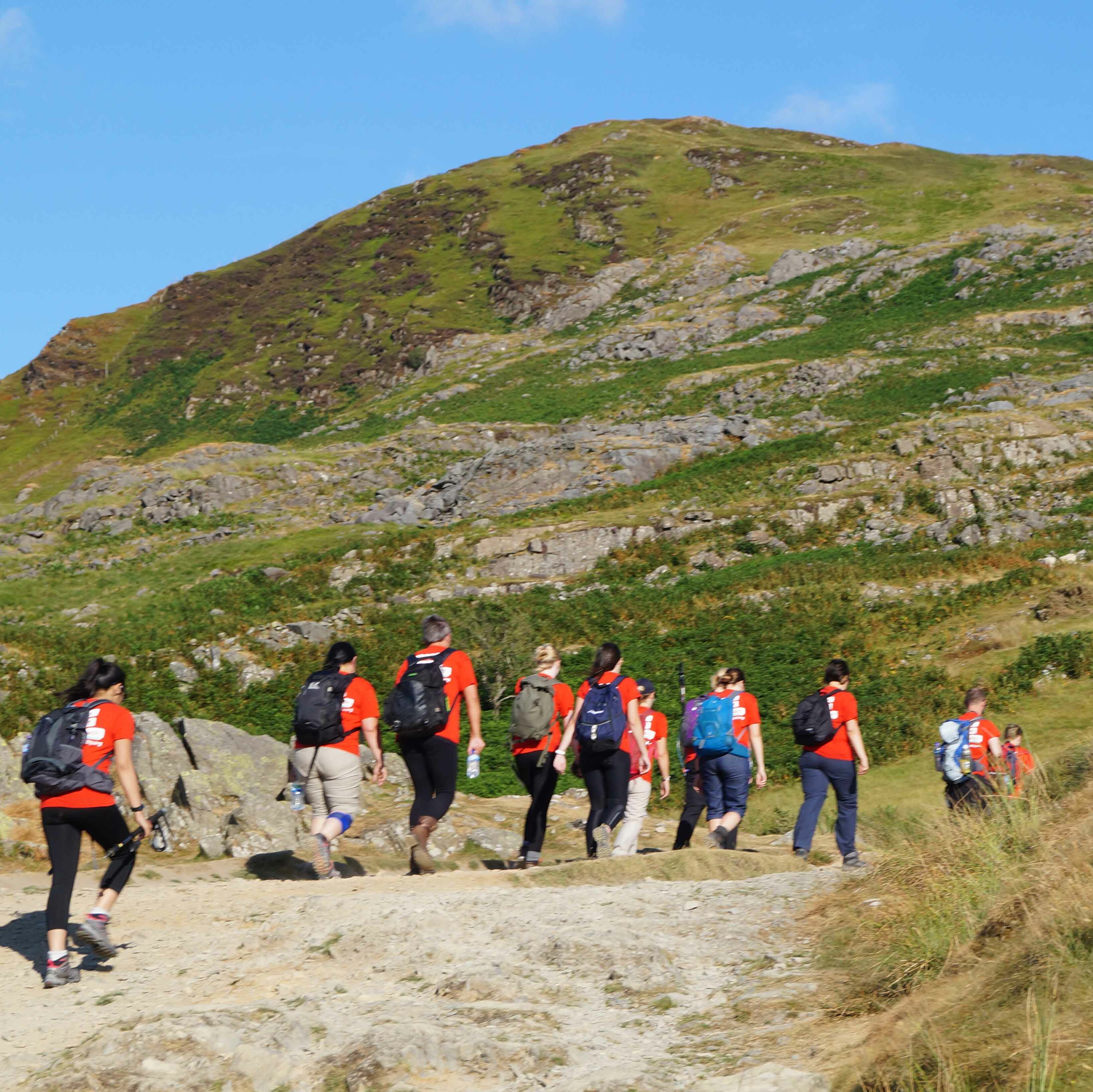 People in red t-shirts walking away from the camera towards the summit of Snowdon during the the National Three Peaks Challenge, one of the charity walks and treks available through The Brain Tumour Charity