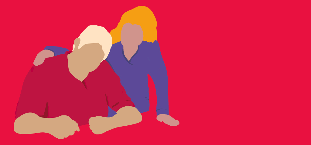 Illustration of despondent looking man in red shirt being consoled by a woman in a purple shirt.