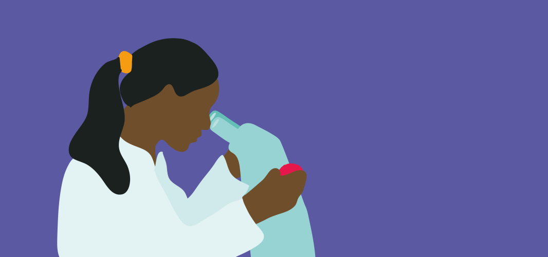 An illustration of scientist who is a woman of colour looking down a microscope against a purple background.