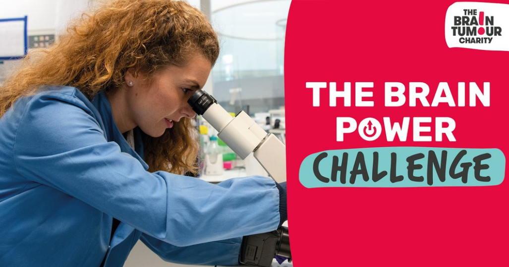 The Brain Power Challenge logo - an award for fundraising in the workplace. Photo shows a researcher using a microscope