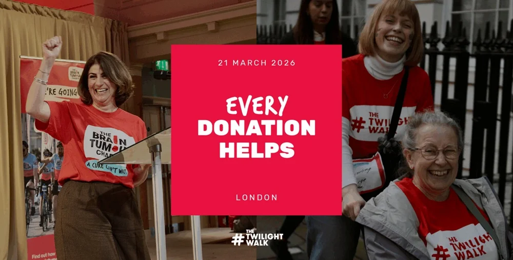The Twilight Walk London banner, reading "Every Donation Helps" over images of Dr Michele Afif and a supporter in a red t-shirt pushing another's wheelchair