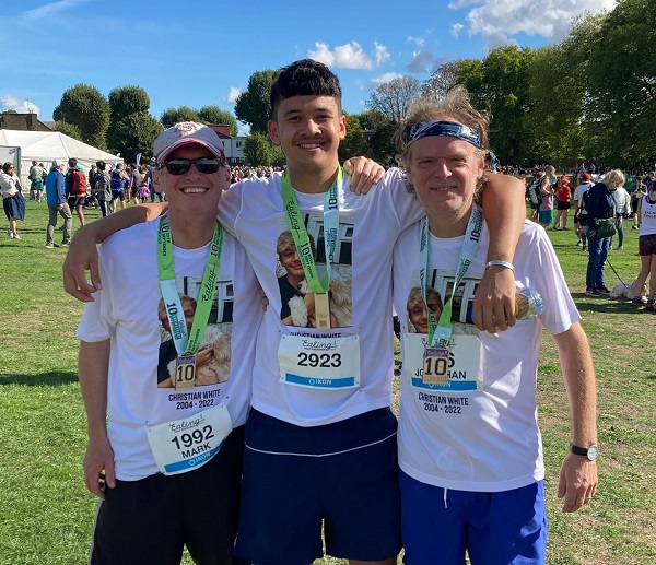 Johnathan, Mark and Freddie at the Ealing Half Marathon doing in memory fundraising for the Christian White Memorial Fund