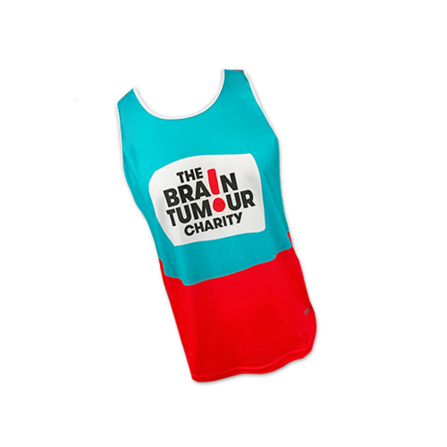 running vest in blue and red, branded with The Brain Tumour Charity logo