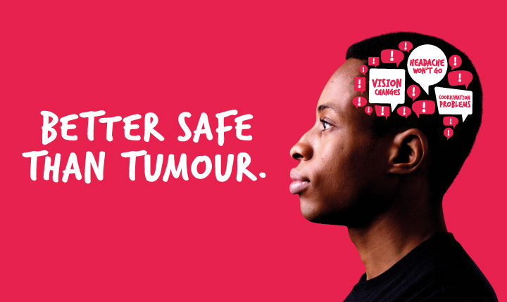 Side profile of a man listing some symptoms of a brain tumour for the Batter Safe Than Tumour campaign