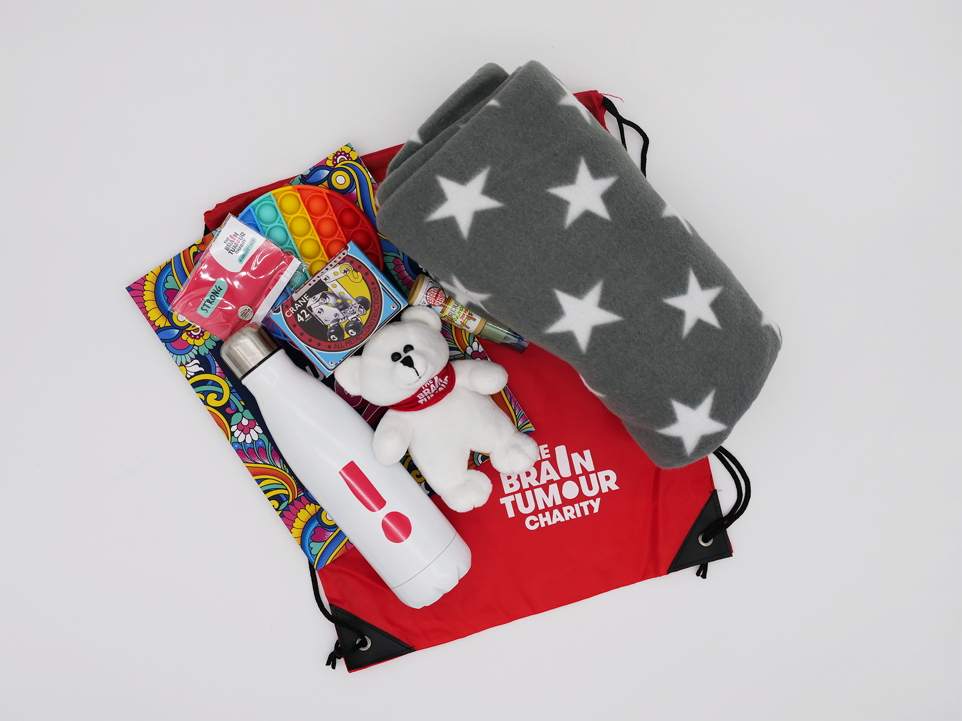 The Brainy Bag - a gift bag full of toys and accessories that we give to children affected by brain tumours