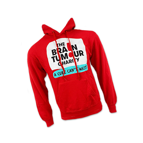 The Brain Tumour Charity hoodie in red on a white background