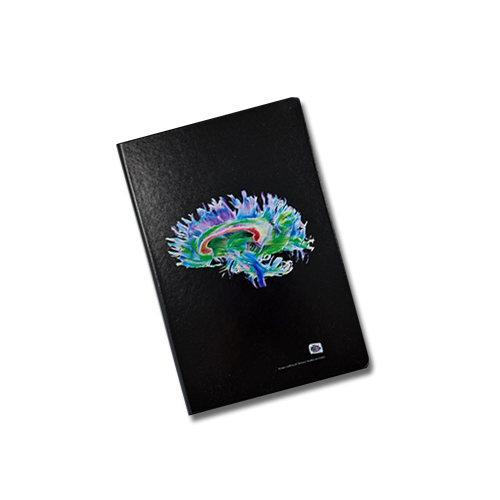 A black A5 notebook with a colourful artistic impression of a brain printed on the front cover - these are great as Father's Day charity gifts