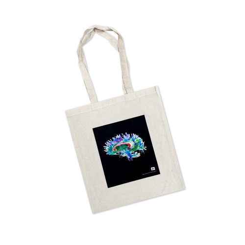 A tote bag featuring a bright art print