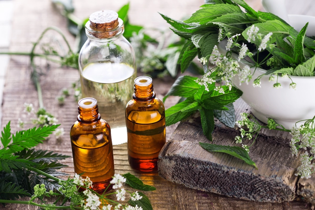 Herbal medicines stand on a table next to a bowl of herbs