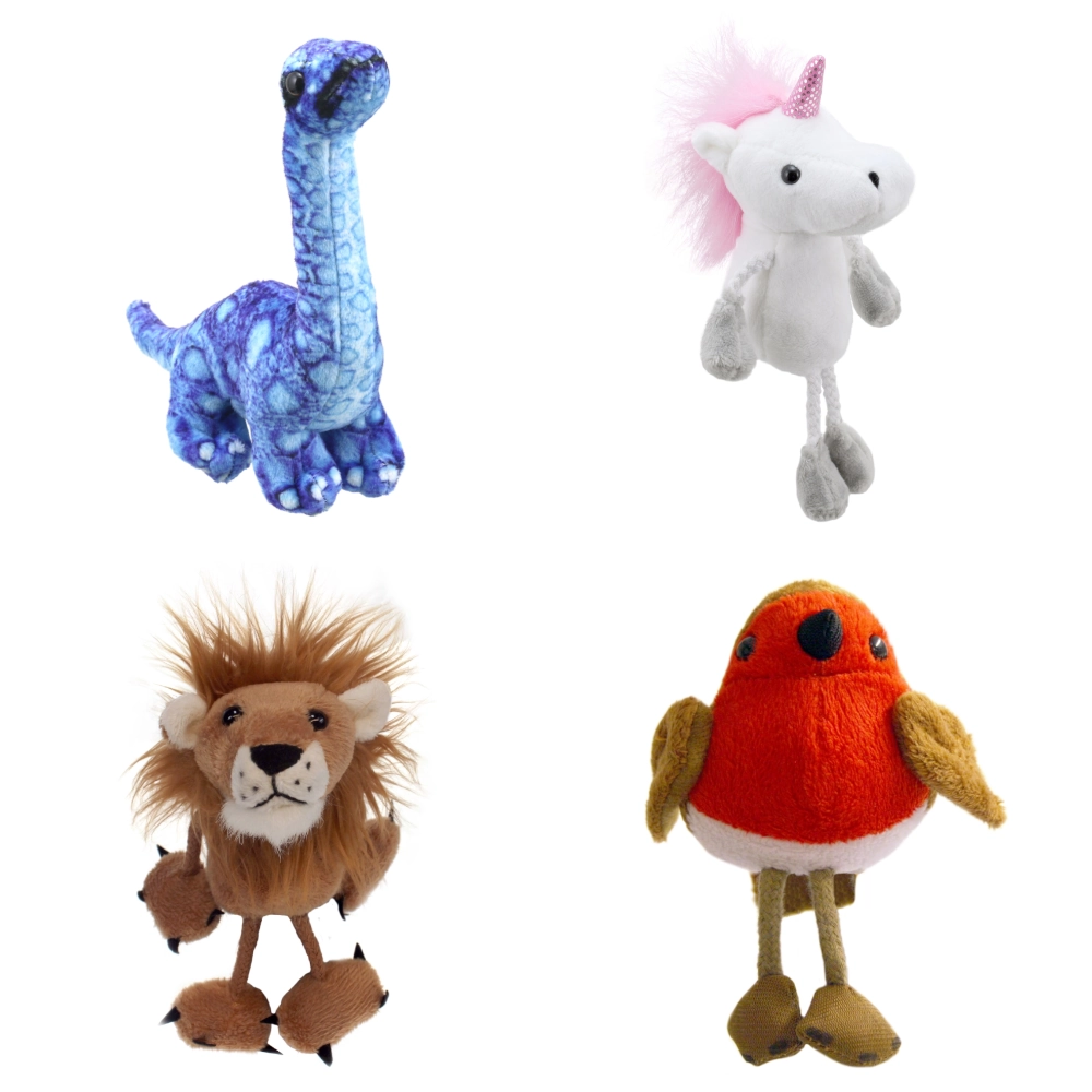 Four finger puppets - a brontosaurus, a unicorn, a lion, and a robin - make great charity Christmas gifts