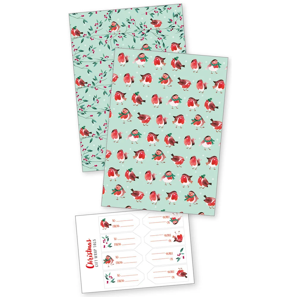 Robin and holly Christmas gift wrap set