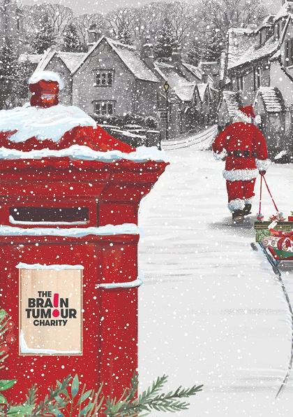 A virtual gift card featuring Santa walking past a post box that is branded with The Brain Tumour Charity logo