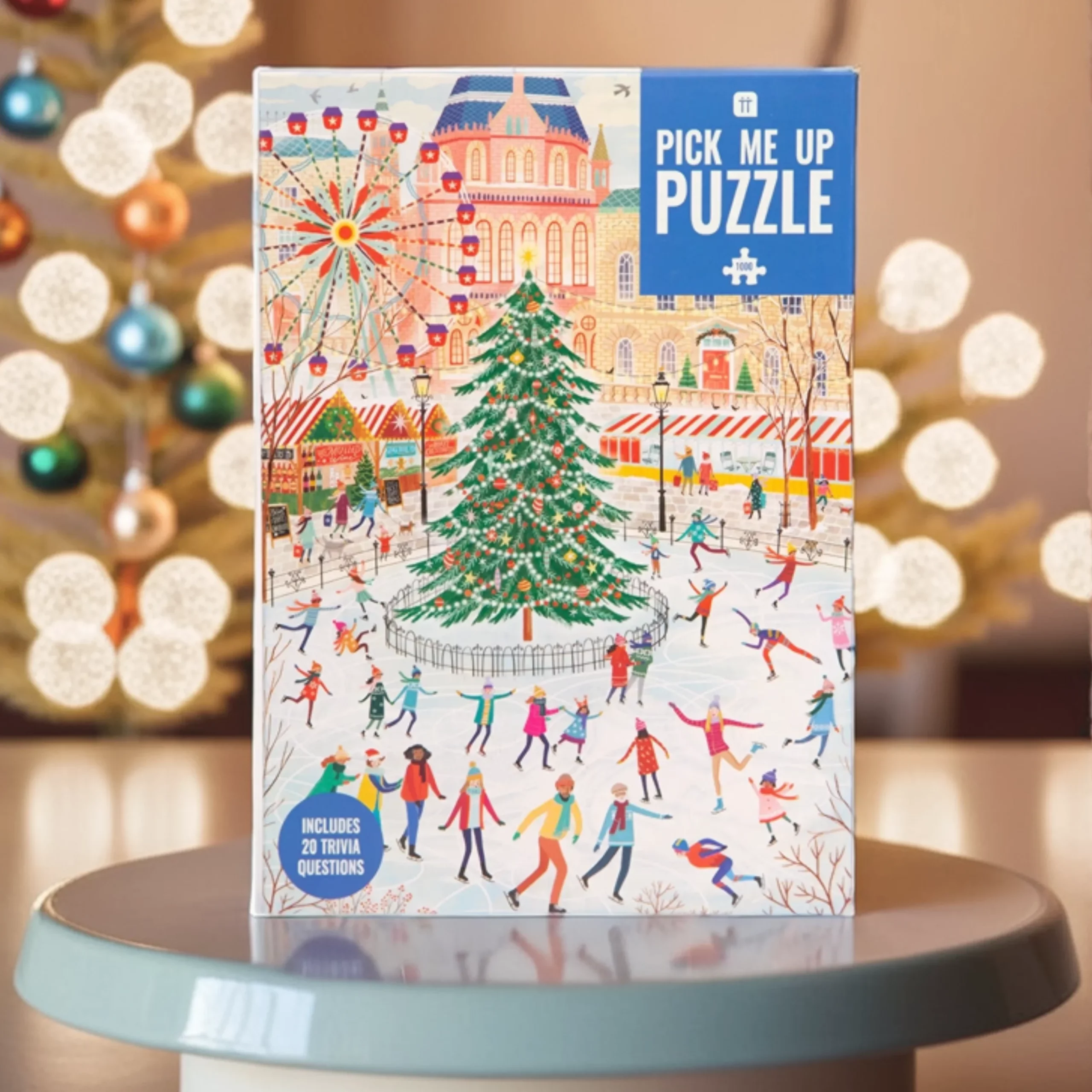 An illustrated puzzle of people ice skating in a Christmas market