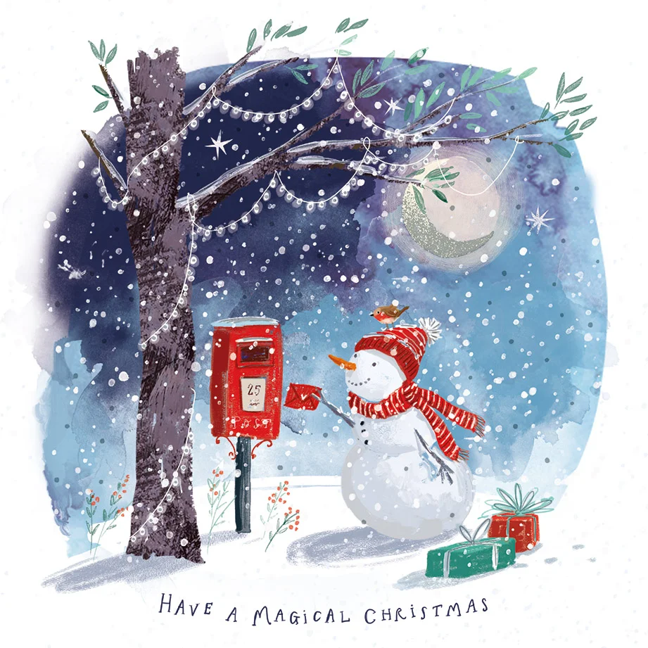 A card with a snowman posting a letter on the cover