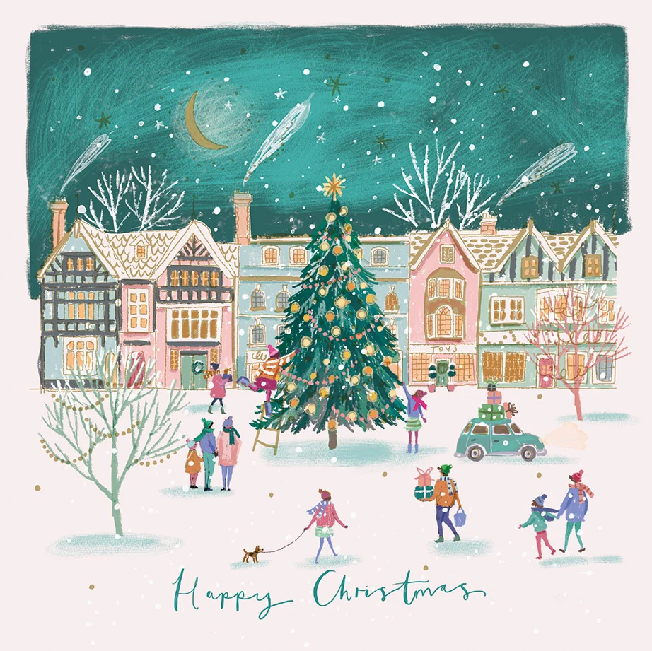A charity Christmas card showing people in a snowy town square around a Christmas tree