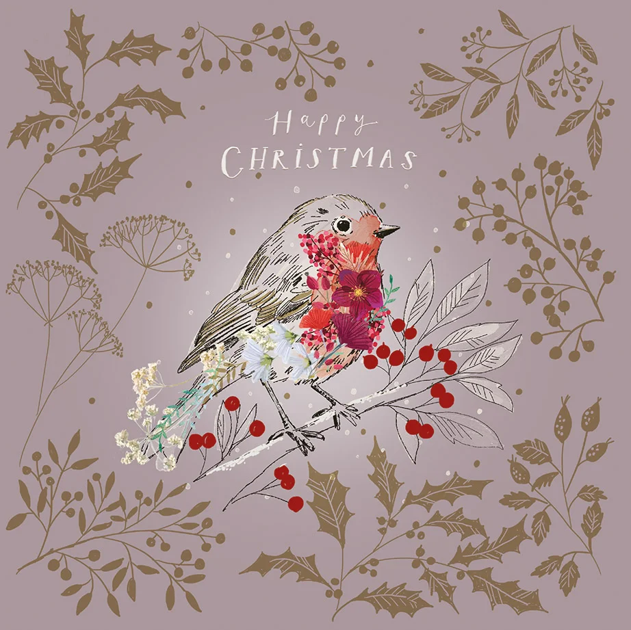An ornate robin on the cover of a Christmas card