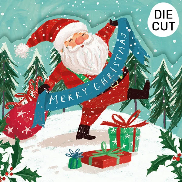 Christmas card with Santa putting up a banner in a snowy forest