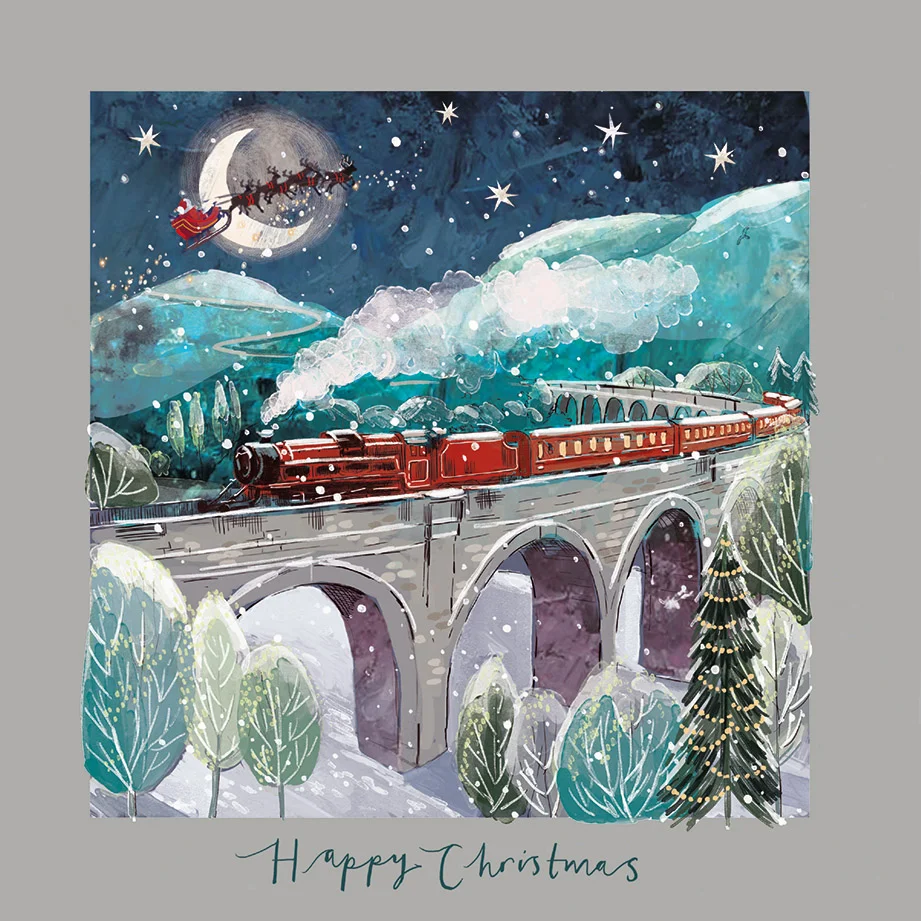 Christmas card featuring a train crossing a bridge with Santa's sleigh overhead