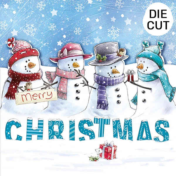 A festive card featuring snowpeople in a line