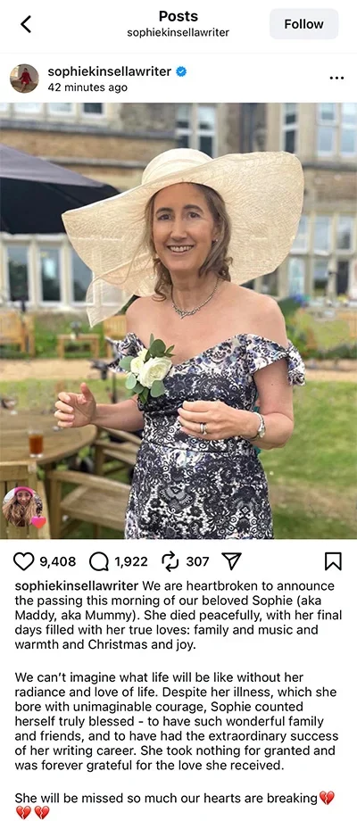 An instagram post announcing Sophie Kinsella's death