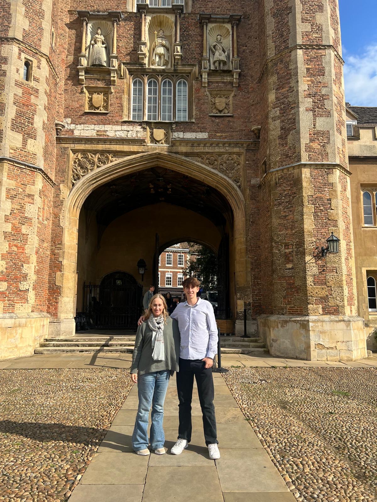 Sophie Kinsella and son, Oscar, outside Cambridge building
