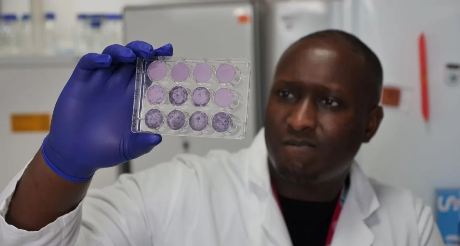 Mr Ola Rominiyi holds up a sample in a laboratory while wearing a white lab coat and purple gloves