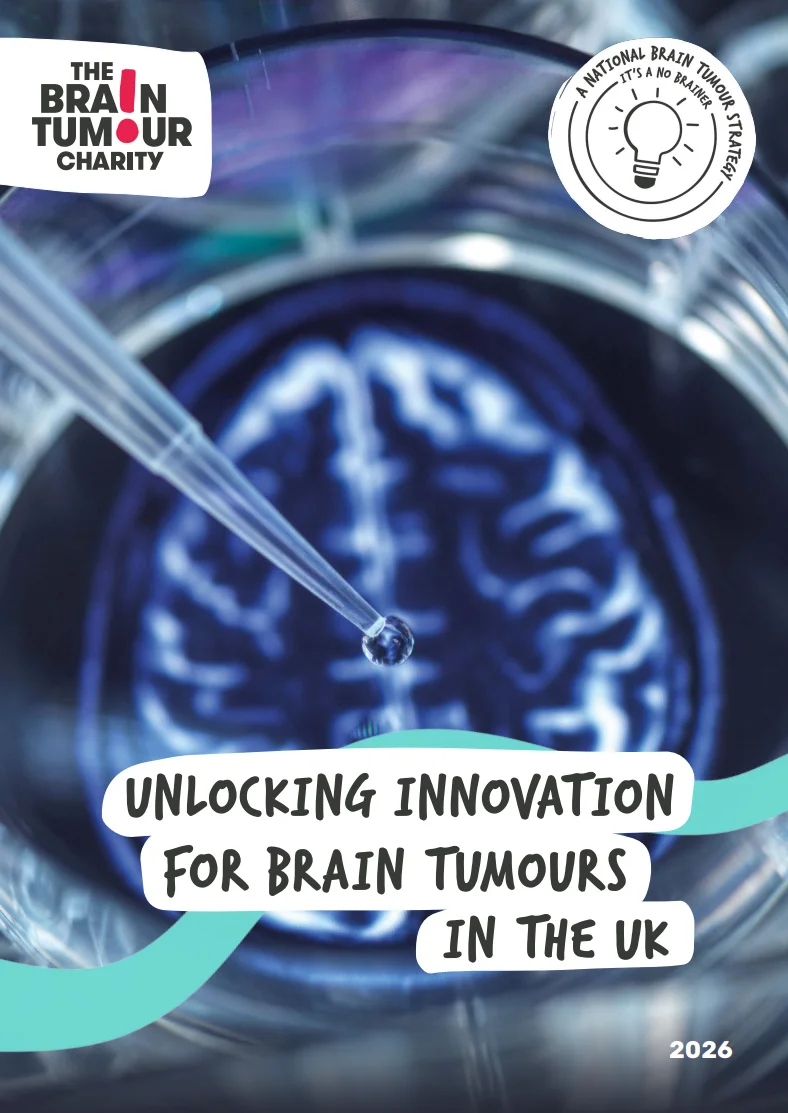 Cover of the Unlocking brain tumour innovation report, showing a dropper hovering over a Petri dish with text that reads, "Unlocking innovation for brain tumours in the UK"