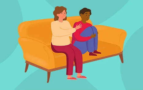 A illustration of two people sitting on a sofa, representing support for families