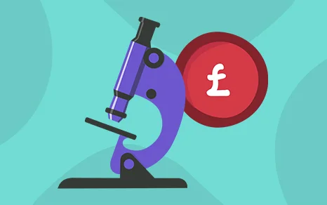 An illustration of a purple microscope in front of a red pound sign, representing funding for vital brain tumour research