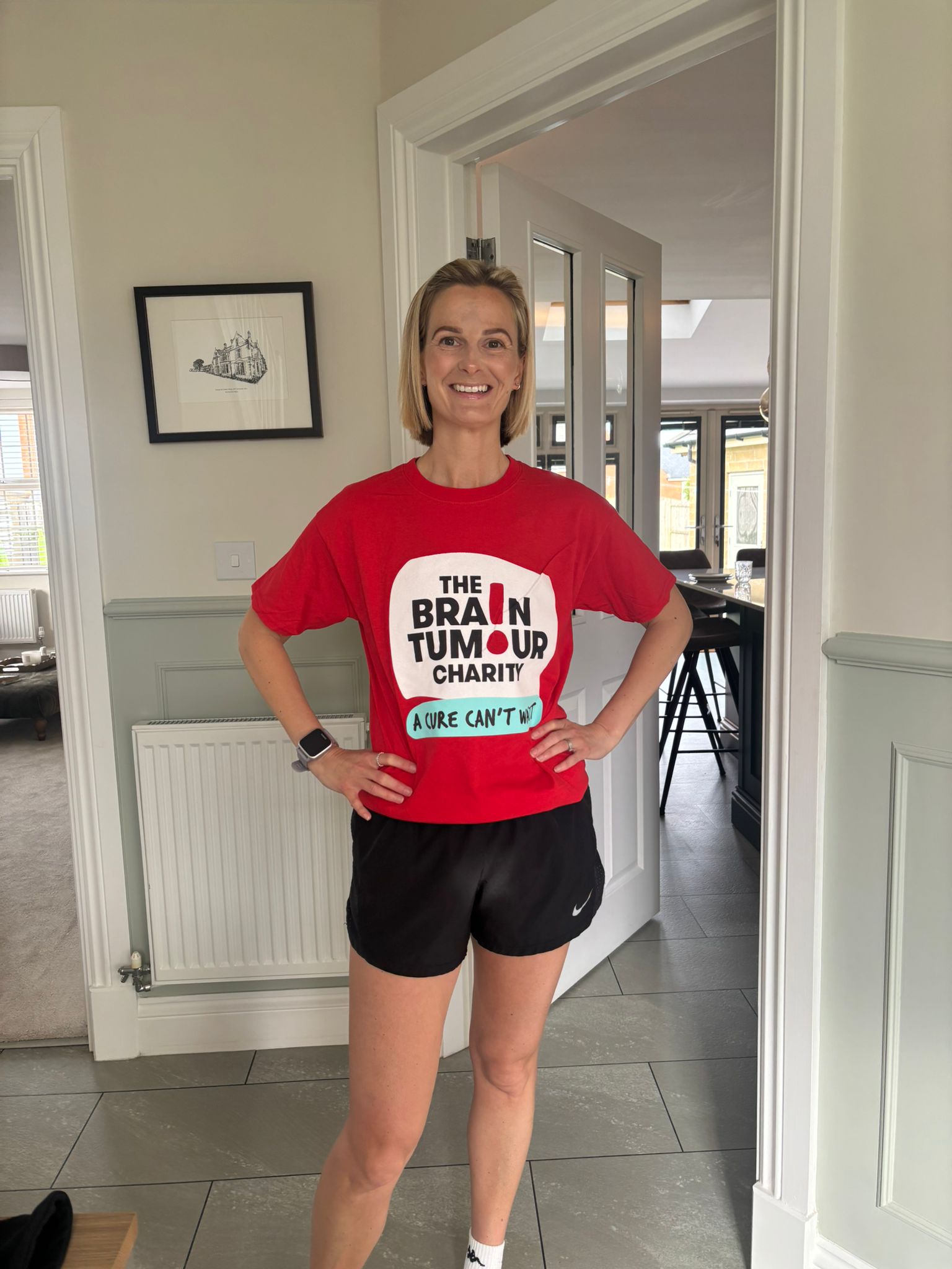 Sarah in her charity t-shirt getting ready for her 200km in May challenge