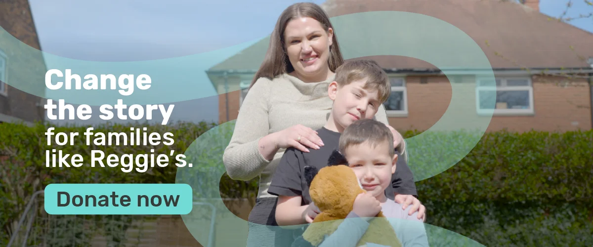 Reggie and his family stand in a garden. Text on the image reads: "Change the story for families like Reggie's. Donate now."