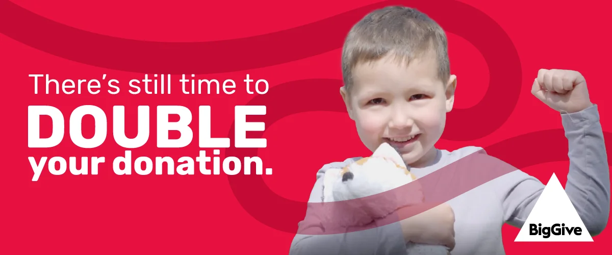 A young boy holding his hand in the air with wording that reads: There's still time to double your donation. The Big Give.