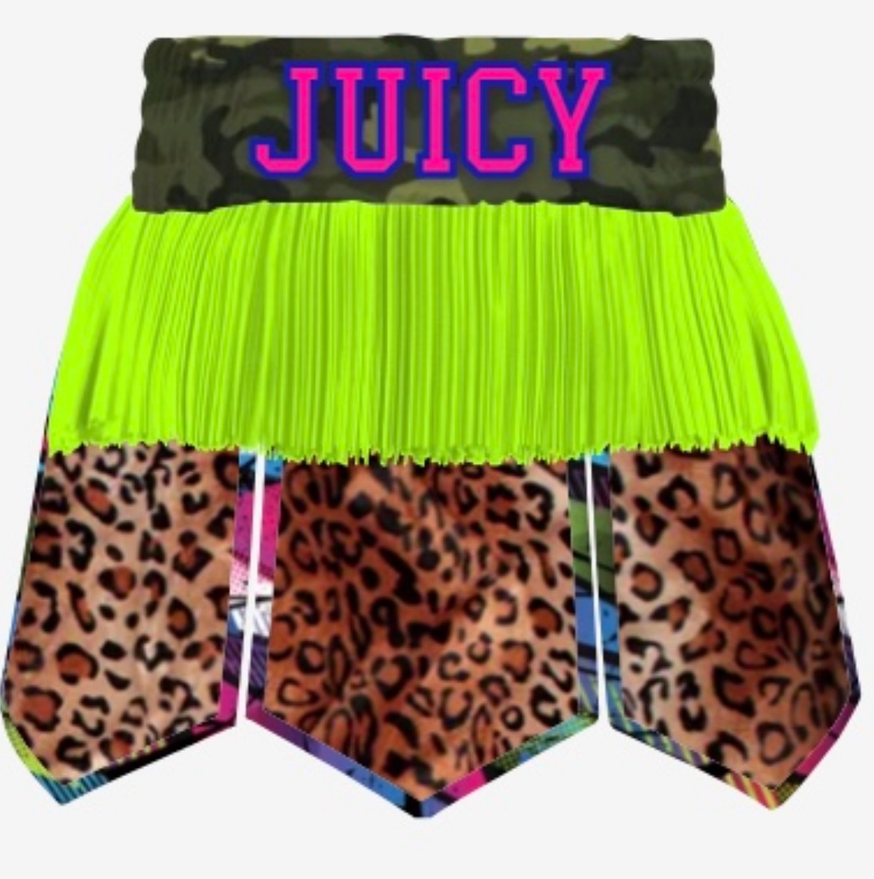 Leopard print boxing shorts with green tassels and the word 'Juicy' printed in neon pink on the waistband. Hugo will be wearing these at a boxing fundraiser in memory of his mum, Sophie Kinsella