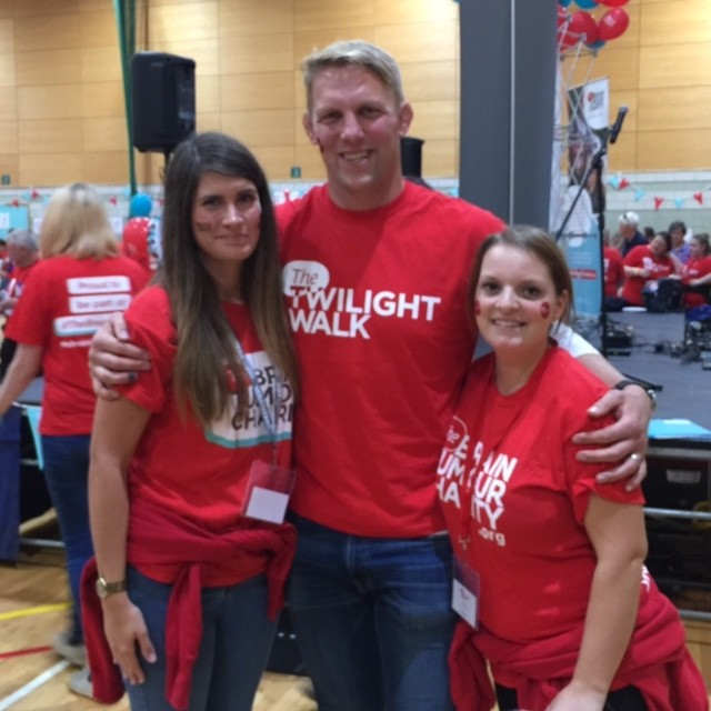 April and Emma stand with Lewis Moody at The Brain Tumour Charity's The Twilight Walk